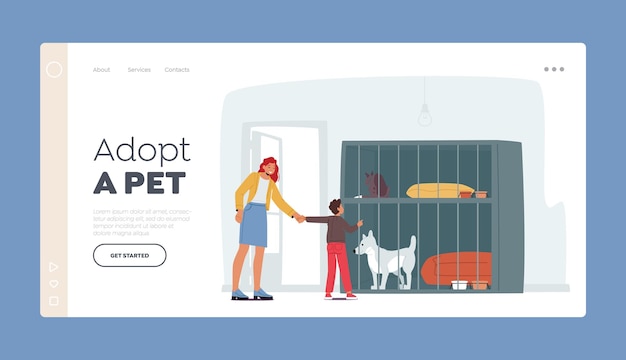 Adoption Center for Stray and Homeless Dogs Landing Page Template Smiling Young Woman with Son Adopt Pet from Shelter