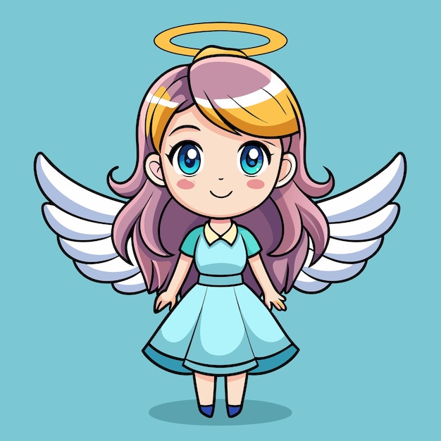 Adorable Angel Girl with White Wings and Halo Cartoon Vector Illustration