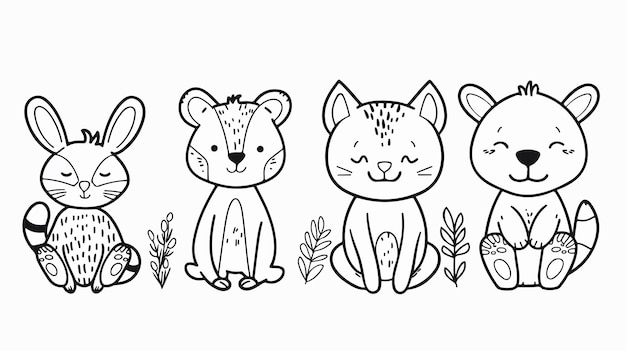 Vector adorable animal line art illustration for kids coloring book