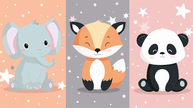 Vector adorable animal posters with fox elephant and panda