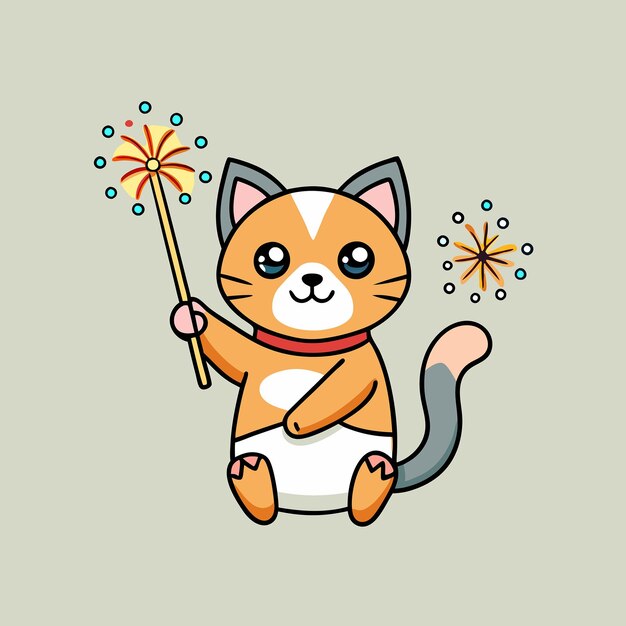 Adorable Animated Cat Setting Off Fireworks with Joy and Excitement