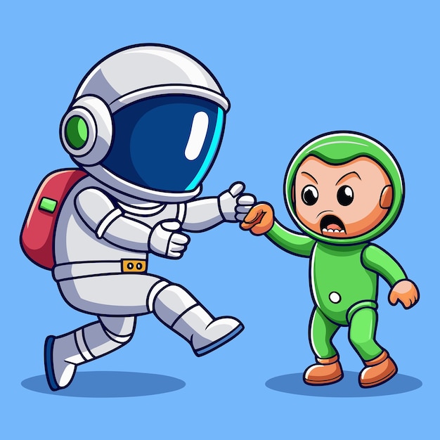 Vector adorable astronaut battling with extraterrestrial opponent in whimsical cartoon vector