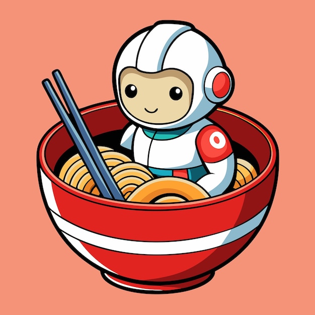 Adorable Astronaut Soaking in a Bowl of Ramen Noodles with Chopstick Cart