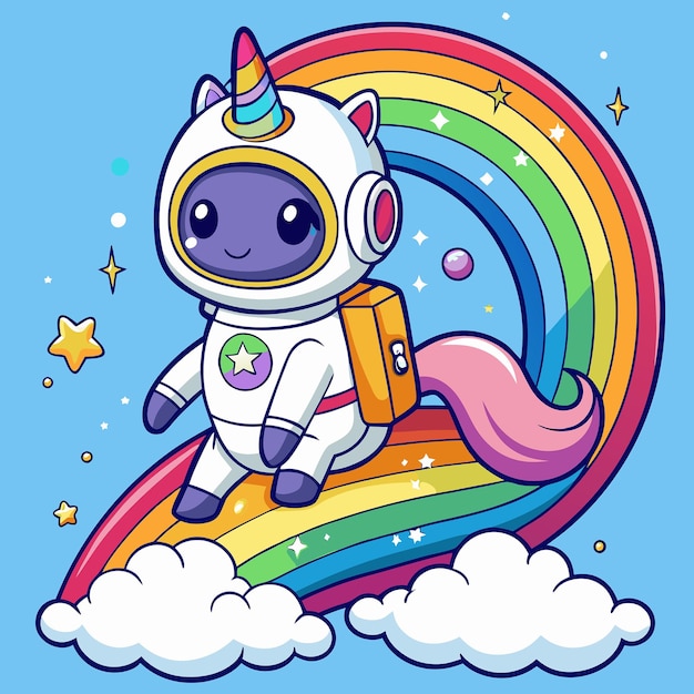 Vector adorable astronaut unicorn enchantingly posed on a vibrant rainbow