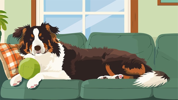 Adorable Australian Shepherd Dog with Toy Lying Near Sofa