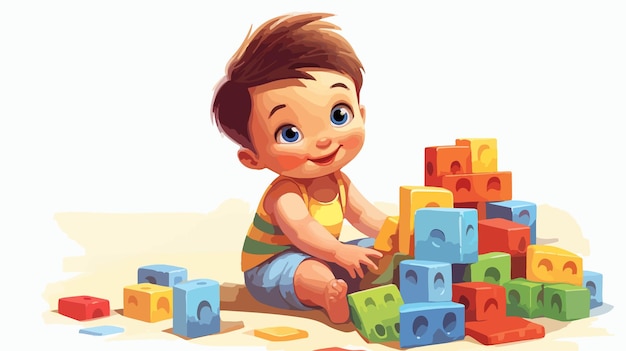 Adorable Baby Boy Playing with Colorful Bricks