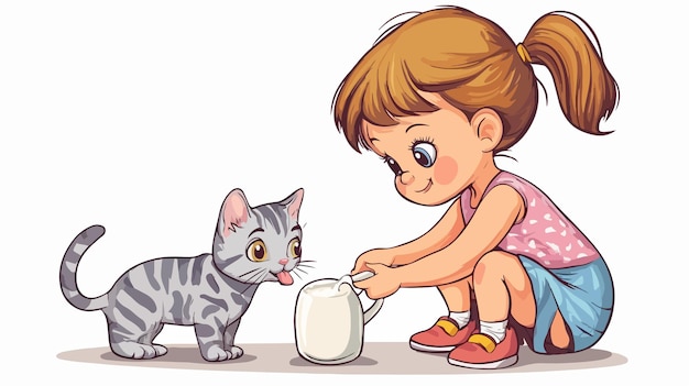 Adorable Baby Girl Feeding Milk to Cat Coloring Page