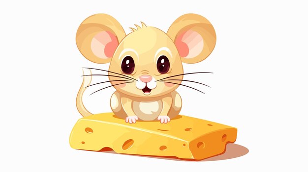 Adorable Baby Mouse on Cheese Piece Vector Illustration