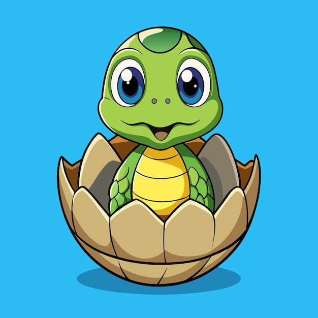 Adorable Baby Turtle Hatching from a Cracked Egg Cartoon Vector Illustration