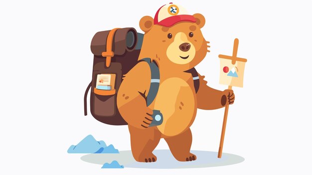 Vector adorable bear explorer flat vector illustration on white background