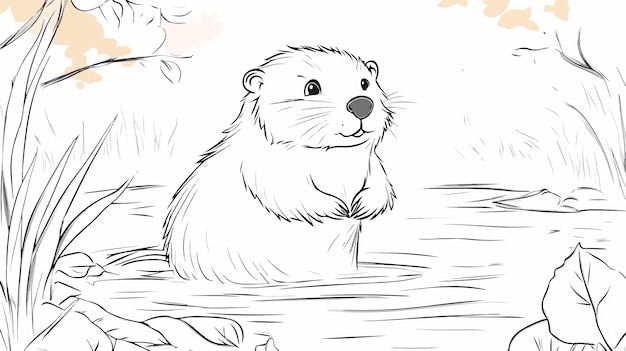 Adorable Beaver on River Background Outline Coloring