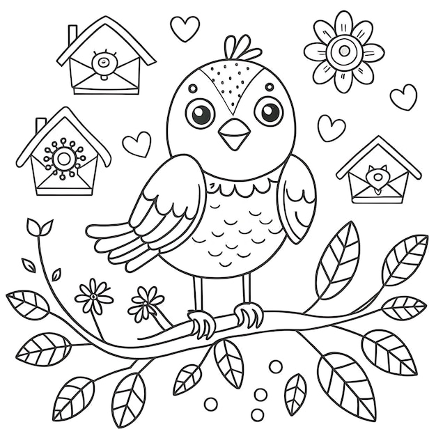 Vector adorable bird and birdhouse coloring page for kids activities