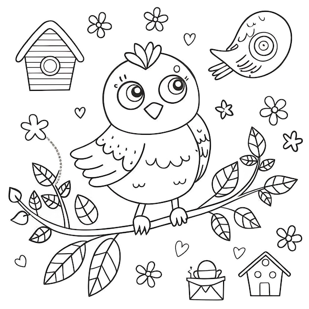 Vector adorable bird and birdhouse coloring page for kids activities