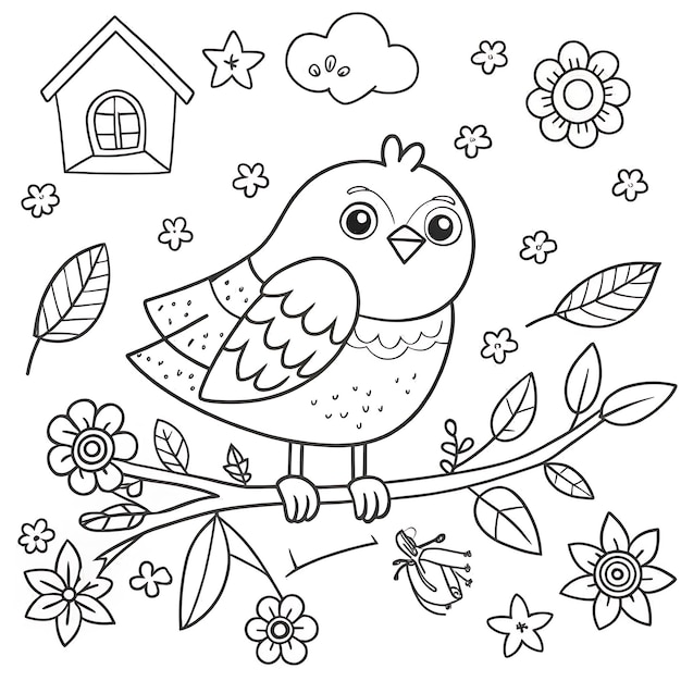 Vector adorable bird and birdhouse coloring page for kids activities