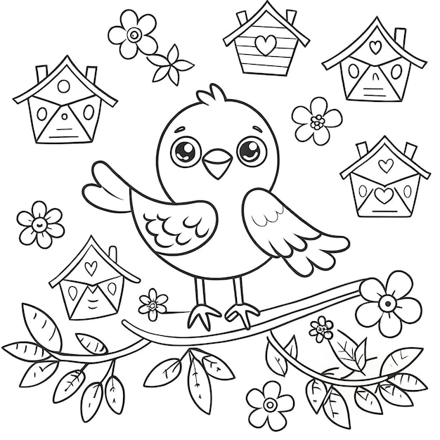 Vector adorable bird and birdhouse coloring page for kids activities