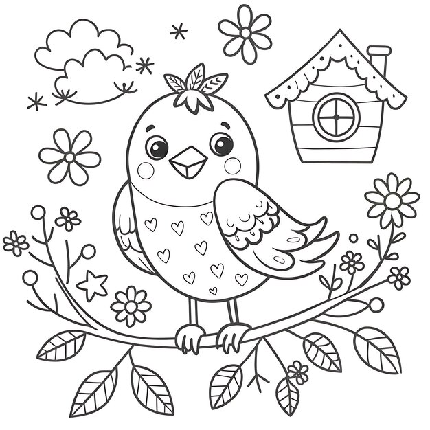 Vector adorable bird and birdhouse coloring page for kids activities