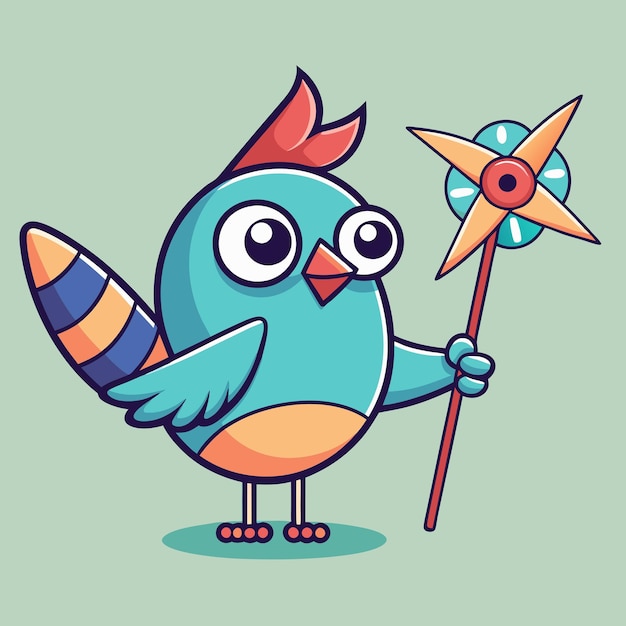 Vector adorable bird playing with bright pinwheel cartoon vector illustration