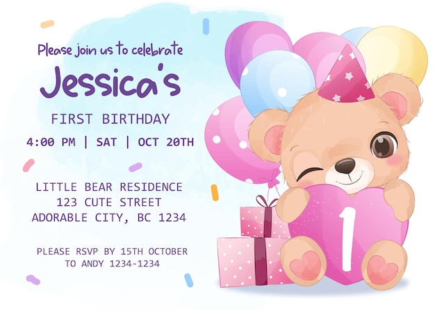 Adorable birthday party invitation template with baby bear