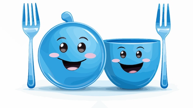 Vector adorable blue plate with cute fork and spoon