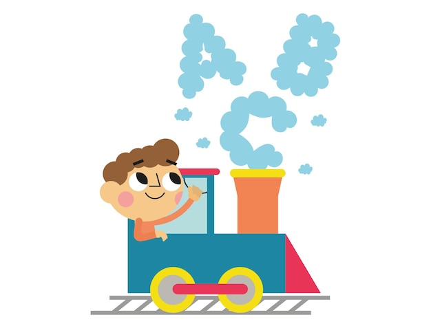 The adorable boy drives a train and letter fumes come out of the chimney of the train