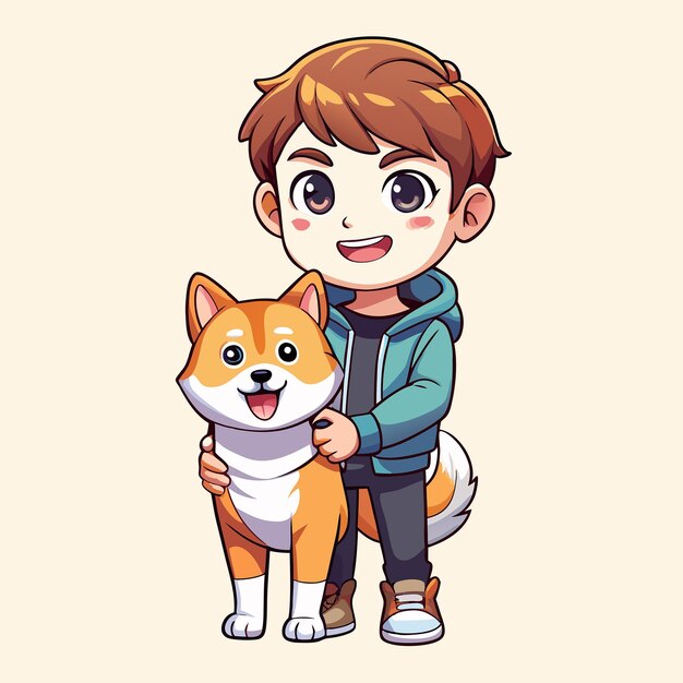 Adorable Boy Embracing a Shiba Inu Dog in a Charming Cartoon Illustration