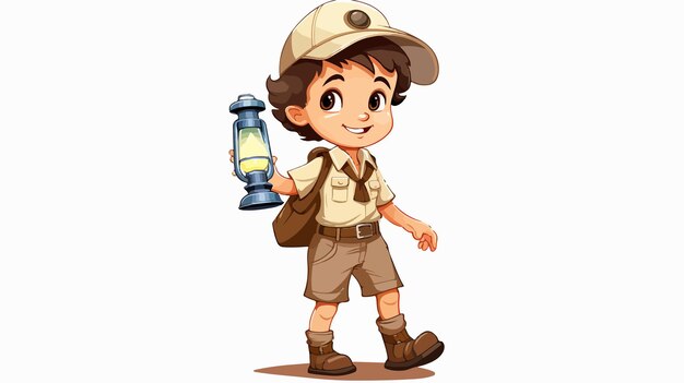 Vector adorable boy scout hiking with flashlight