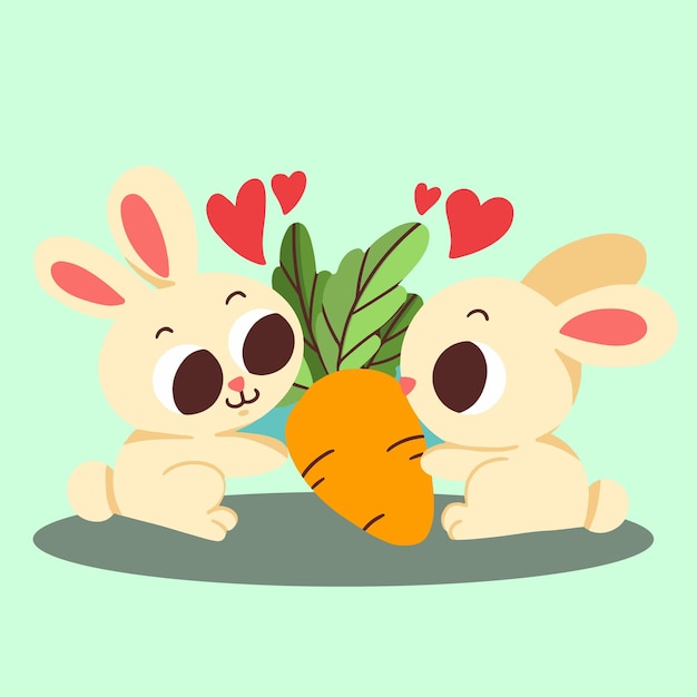 Adorable Bunny Couple Sharing Carrot Doodle Vector Illustration