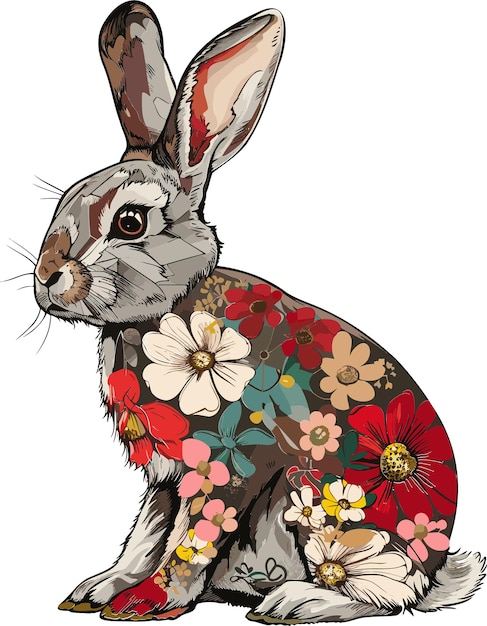 Adorable bunny rabbit with Floral flowers Vintage Vector Illustration