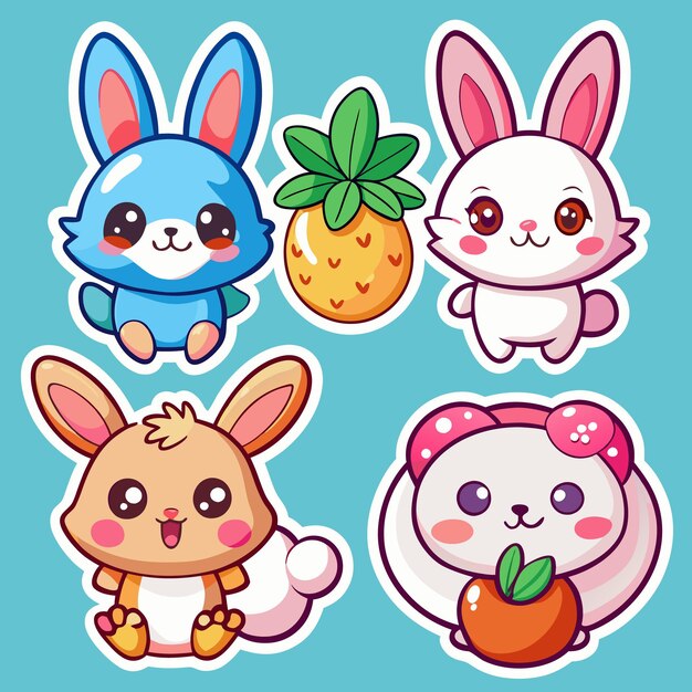 Vector adorable bunny stickers cute cartoon animals with fruits