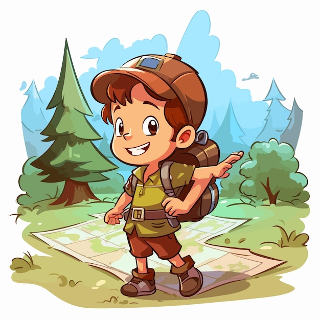 Vector adorable camping children cartoon characters with map