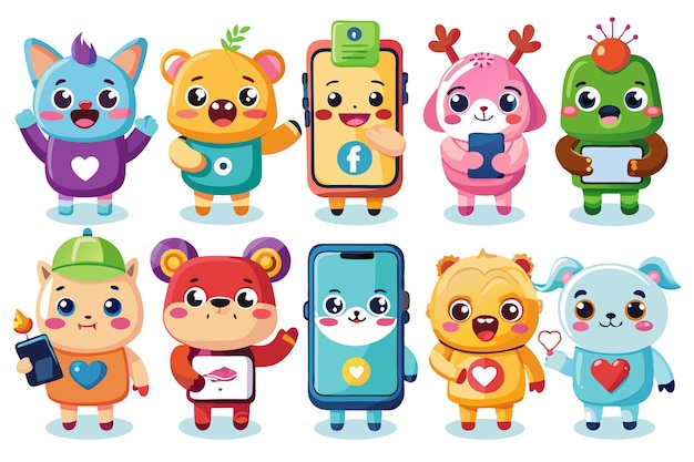 Vector adorable cartoon animals holding smartphones and tablets with cute expressions