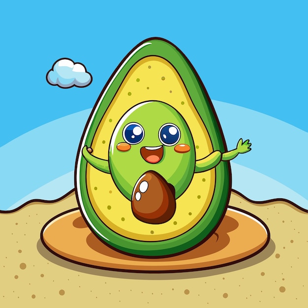 Vector adorable cartoon avocado fun at the beach playing in sand