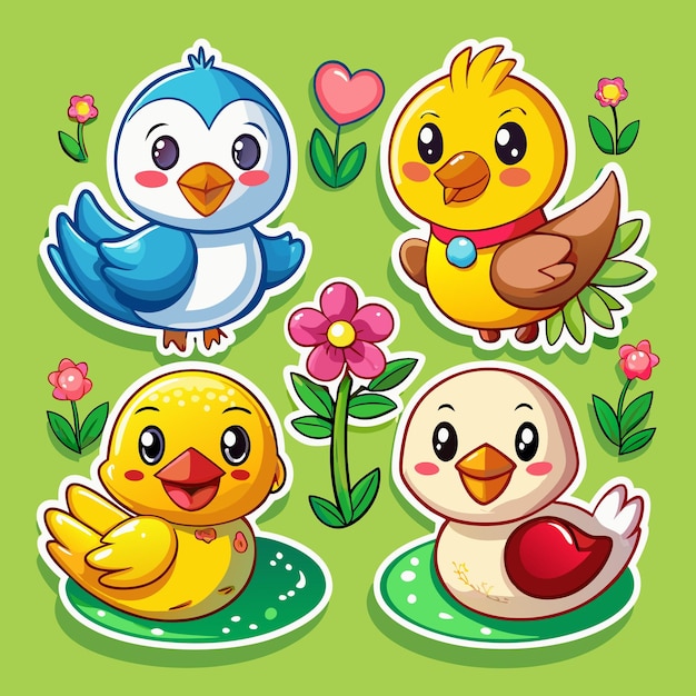 Adorable cartoon birds with flowers hearts and leaves stickers