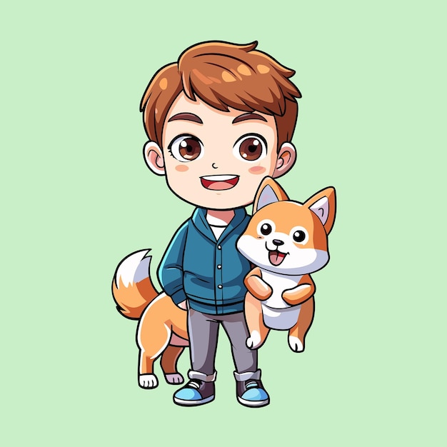 Adorable Cartoon Boy Affectionately Holding a Shiba Inu Dog