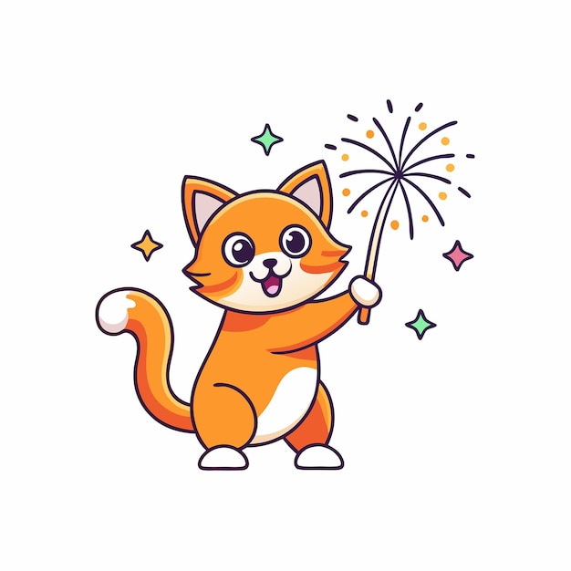 Vector adorable cartoon cat igniting festive fireworks display with glee