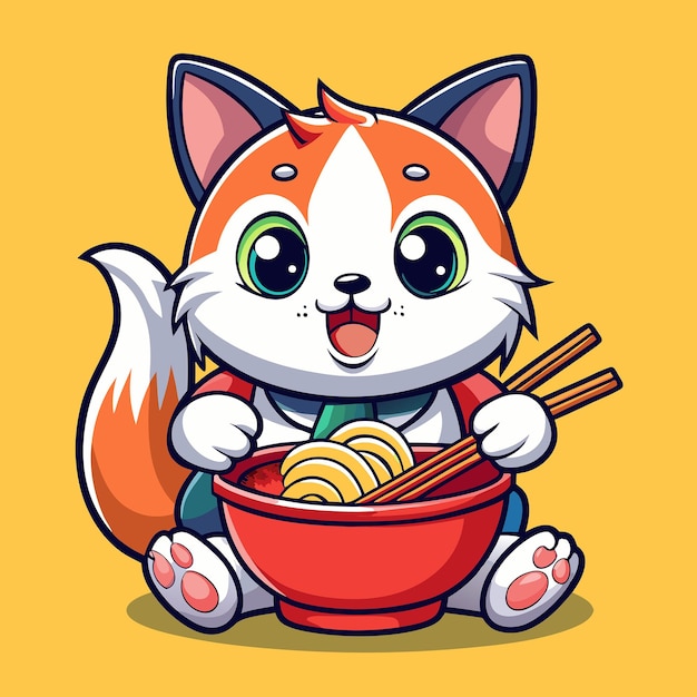 Vector adorable cartoon cat indulging in a bowl of savory ramen noodles