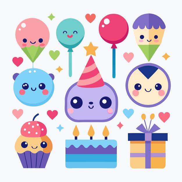 Adorable cartoon characters celebrating a birthday with cake presents and balloons