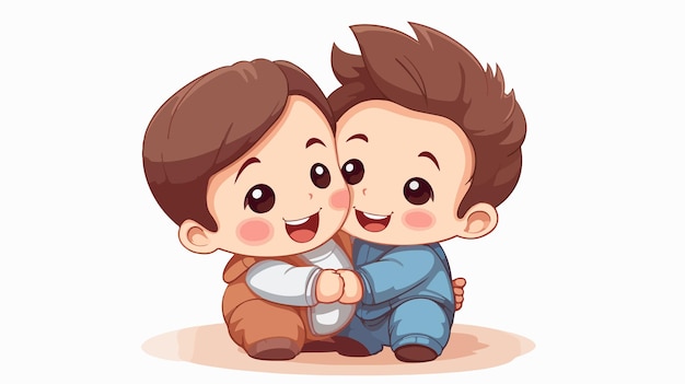 Vector adorable cartoon of cute little baby boy hugging big brother sibling