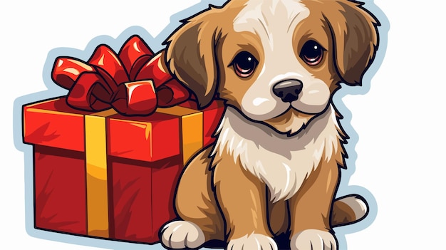 Adorable Cartoon Dog Sticker with Festive Christmas Presents