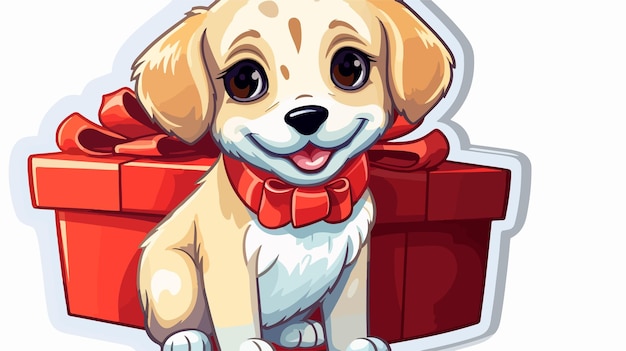 Adorable Cartoon Dog Sticker with Festive Christmas Presents