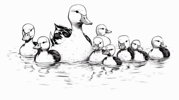 Vector adorable cartoon ducks and ducklings in black and white illustration