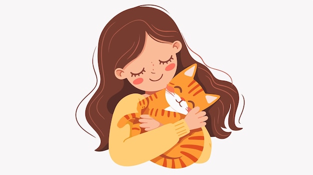 Vector adorable cartoon girl cuddling cat vector illustration