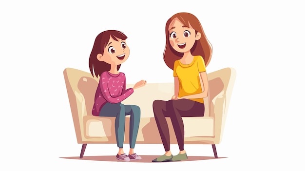 Adorable Cartoon of Girl Sitting with Mother at Home