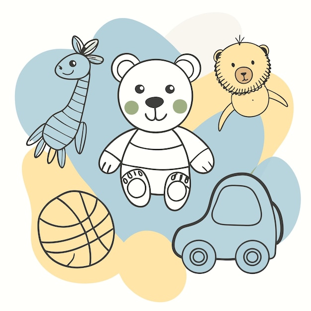 Vector adorable cartoon illustration of a bear giraffe lion car and a basketball on a blue and yellow abstract background