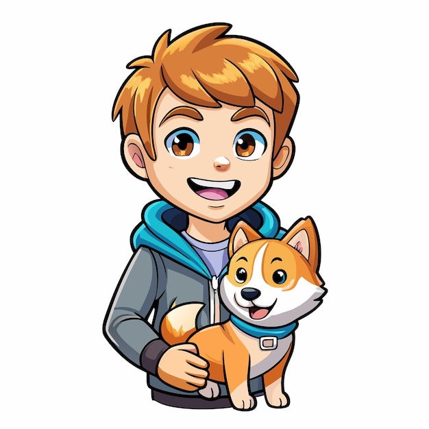 Adorable Cartoon Illustration of a Boy Tenderly Holding a Shiba Inu Dog