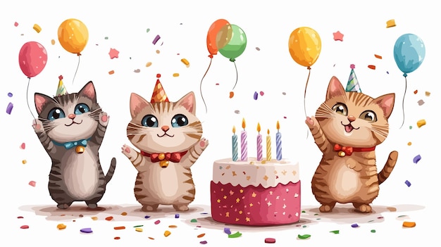 Adorable Cartoon Illustration of a Cute Cat Celebrating Birthday Party