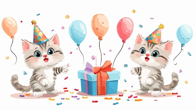 Vector adorable cartoon illustration of a cute cat celebrating birthday party