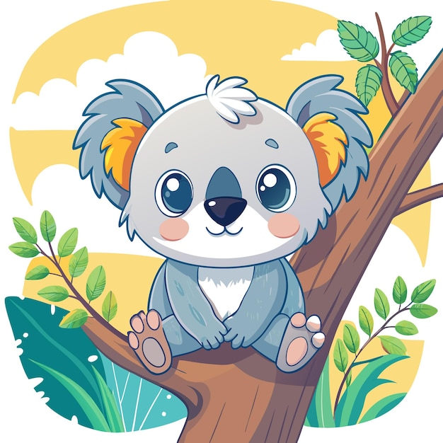 Vector adorable cartoon koala sitting on a tree branch with a cute expression