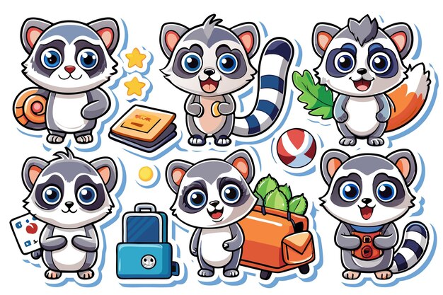 Vector adorable cartoon lemur characters with luggage camera and a ball