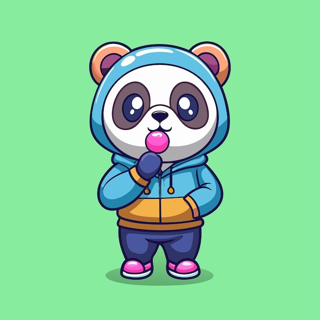 Adorable Cartoon Panda Wearing a Hoodie and Chewing Bubble Gum